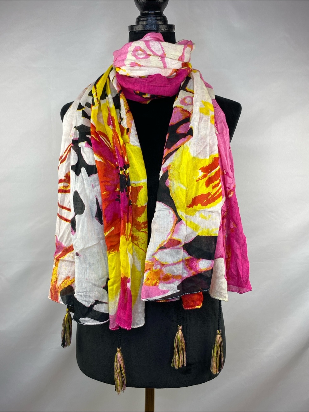 NWT Lane Bryant Floral Tassel End Scarf Wrap Pink Yellow Black Oversized 68”X40”